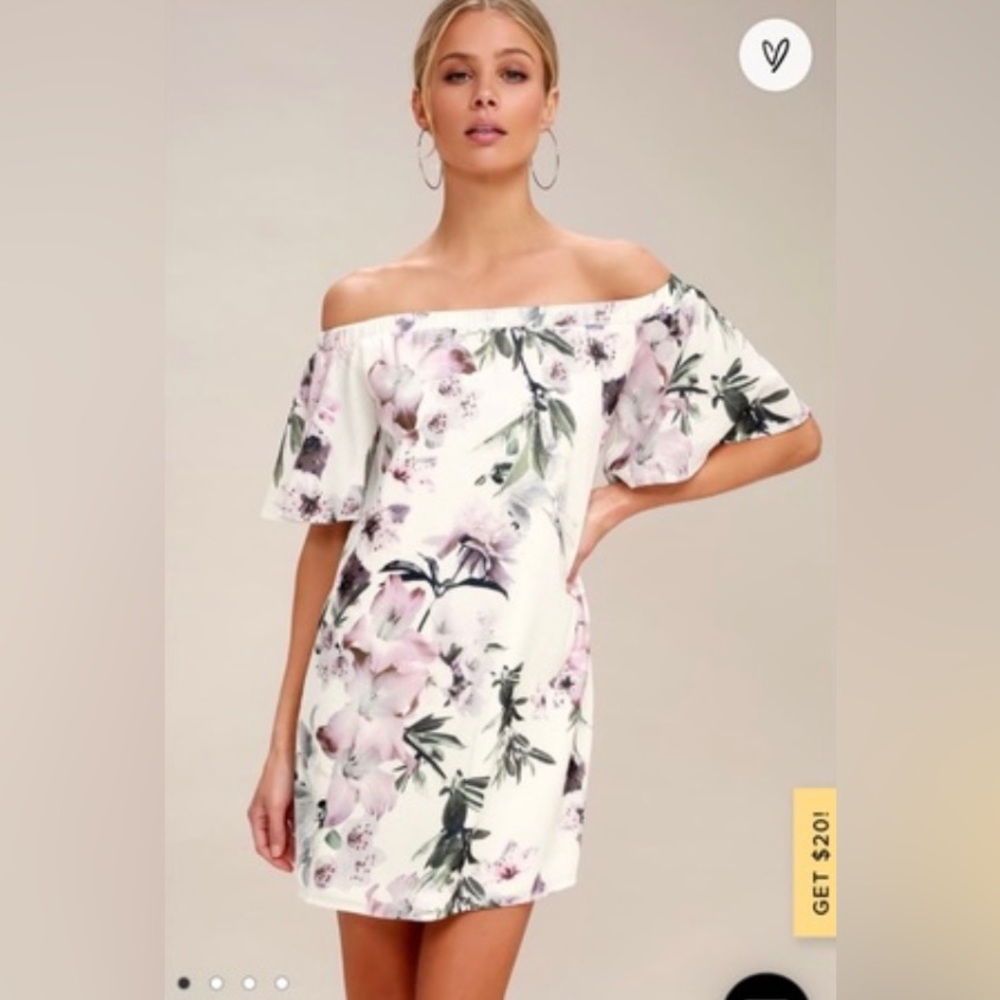 Size Small Dream of You Ivory Floral Print Off-the-Shoulder Shift Dress